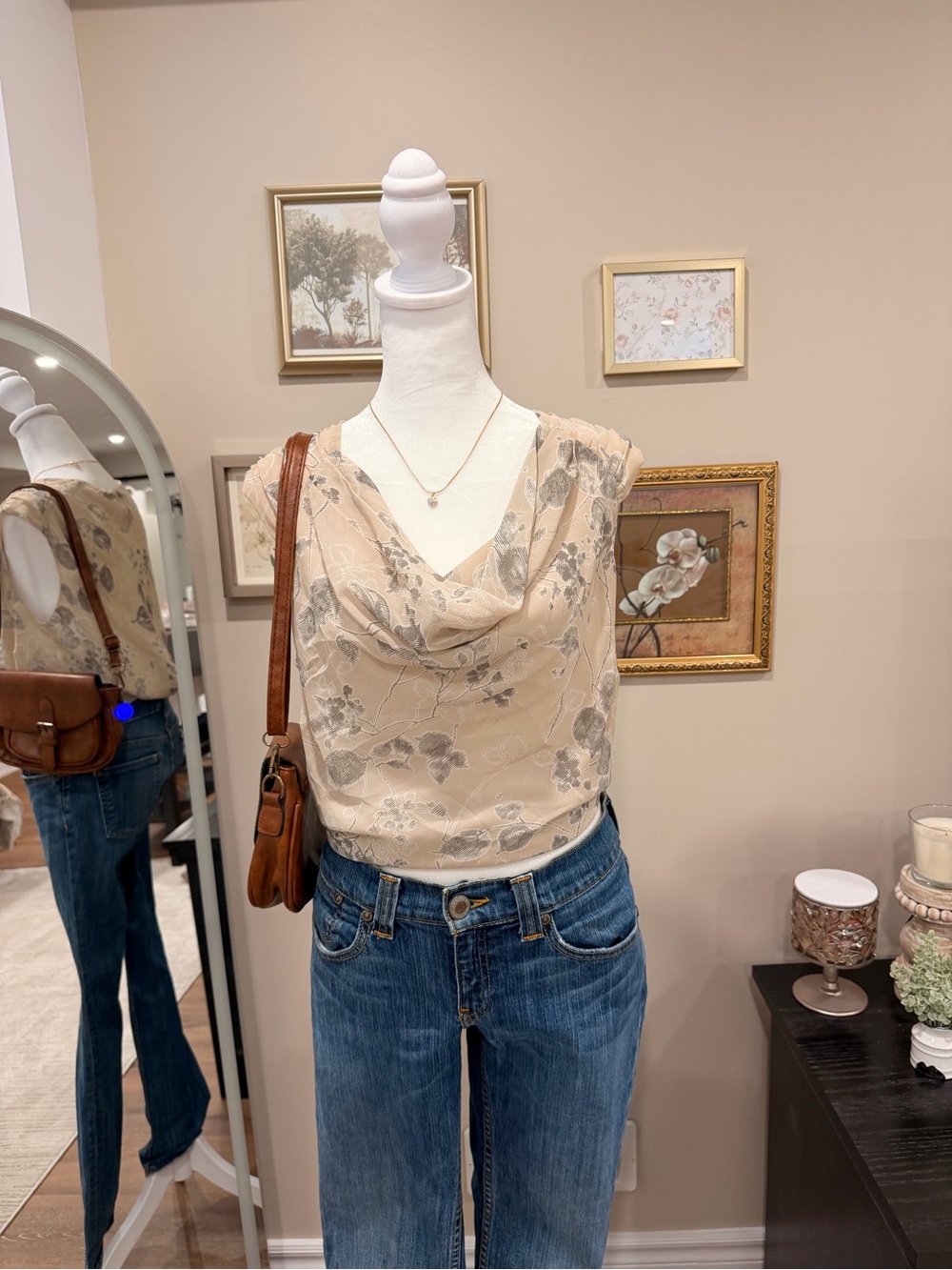 Jacques Vert Beige Floral Draped Neck Sleeveless Blouse